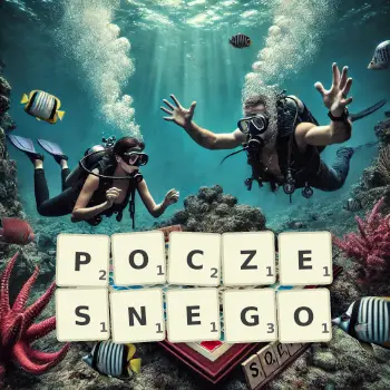 Kreatywna ilustracja do gry w Scrabble ze słowem POCZESNEGO ułożonym z płytek na planszy.