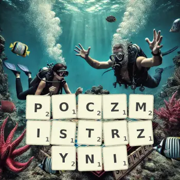 Kreatywna ilustracja do gry w Scrabble ze słowem POCZMISTRZYNI ułożonym z płytek na planszy.