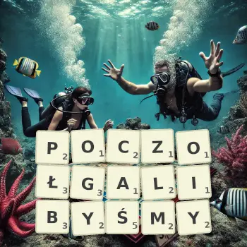 Kreatywna ilustracja do gry w Scrabble ze słowem POCZOŁGALIBYŚMY ułożonym z płytek na planszy.