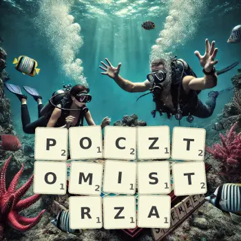 Kreatywna ilustracja do gry w Scrabble ze słowem POCZTOMISTRZA ułożonym z płytek na planszy.