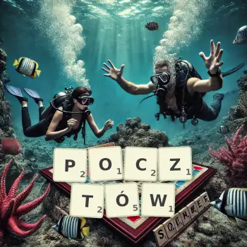 Kreatywna ilustracja do gry w Scrabble ze słowem POCZTÓW ułożonym z płytek na planszy.