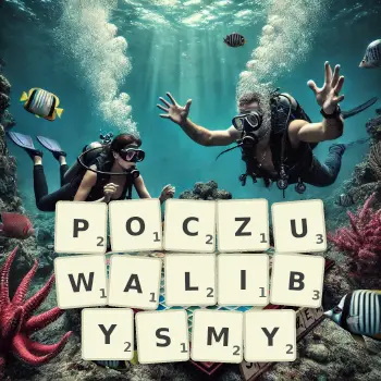 Kreatywna ilustracja do gry w Scrabble ze słowem POCZUWALIBYSMY ułożonym z płytek na planszy.