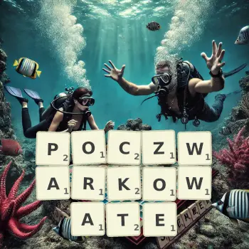 Kreatywna ilustracja do gry w Scrabble ze słowem POCZWARKOWATE ułożonym z płytek na planszy.