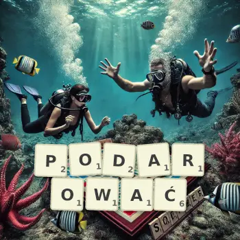 Kreatywna ilustracja do gry w Scrabble ze słowem PODAROWAĆ ułożonym z płytek na planszy.