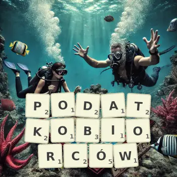 Kreatywna ilustracja do gry w Scrabble ze słowem PODATKOBIORCÓW ułożonym z płytek na planszy.