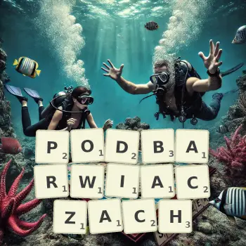Kreatywna ilustracja do gry w Scrabble ze słowem PODBARWIACZACH ułożonym z płytek na planszy.