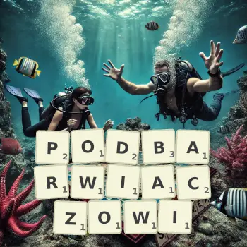 Kreatywna ilustracja do gry w Scrabble ze słowem PODBARWIACZOWI ułożonym z płytek na planszy.