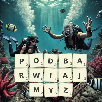 Kreatywna ilustracja do gry w Scrabble ze słowem PODBARWIAJMYZ ułożonym z płytek na planszy.