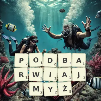 Kreatywna ilustracja do gry w Scrabble ze słowem PODBARWIAJMYŻ ułożonym z płytek na planszy.