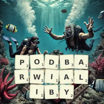 Kreatywna ilustracja do gry w Scrabble ze słowem PODBARWIALIBY ułożonym z płytek na planszy.