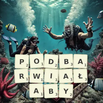 Kreatywna ilustracja do gry w Scrabble ze słowem PODBARWIAŁABY ułożonym z płytek na planszy.