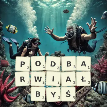 Kreatywna ilustracja do gry w Scrabble ze słowem PODBARWIAŁBYŚ ułożonym z płytek na planszy.