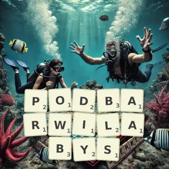Kreatywna ilustracja do gry w Scrabble ze słowem PODBARWILABYS ułożonym z płytek na planszy.