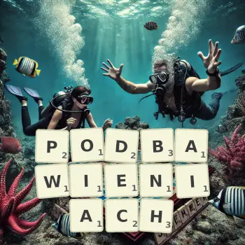 Kreatywna ilustracja do gry w Scrabble ze słowem PODBAWIENIACH ułożonym z płytek na planszy.