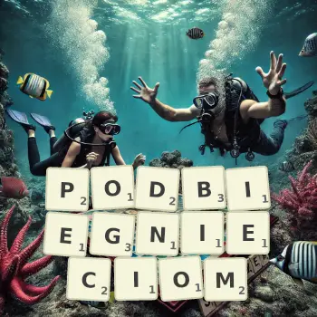 Kreatywna ilustracja do gry w Scrabble ze słowem PODBIEGNIECIOM ułożonym z płytek na planszy.