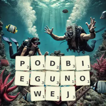 Kreatywna ilustracja do gry w Scrabble ze słowem PODBIEGUNOWEJ ułożonym z płytek na planszy.