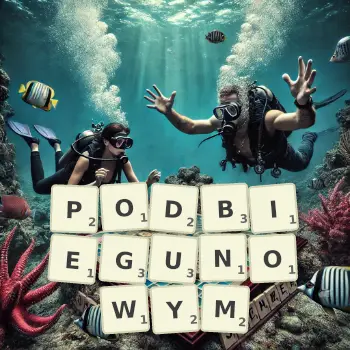 Kreatywna ilustracja do gry w Scrabble ze słowem PODBIEGUNOWYM ułożonym z płytek na planszy.