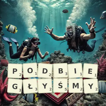 Kreatywna ilustracja do gry w Scrabble ze słowem PODBIEGŁYŚMY ułożonym z płytek na planszy.