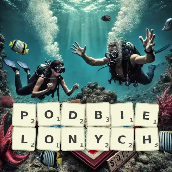 Kreatywna ilustracja do gry w Scrabble ze słowem PODBIELONYCH ułożonym z płytek na planszy.