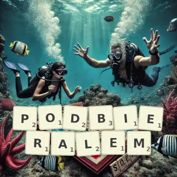 Kreatywna ilustracja do gry w Scrabble ze słowem PODBIERALEM ułożonym z płytek na planszy.