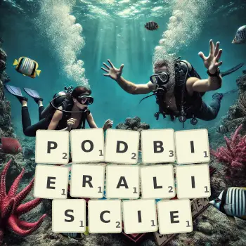 Kreatywna ilustracja do gry w Scrabble ze słowem PODBIERALISCIE ułożonym z płytek na planszy.
