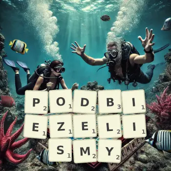 Kreatywna ilustracja do gry w Scrabble ze słowem PODBIEZELISMY ułożonym z płytek na planszy.