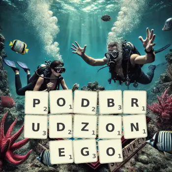 Kreatywna ilustracja do gry w Scrabble ze słowem PODBRUDZONEGO ułożonym z płytek na planszy.