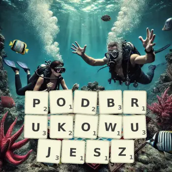 Kreatywna ilustracja do gry w Scrabble ze słowem PODBRUKOWUJESZ ułożonym z płytek na planszy.