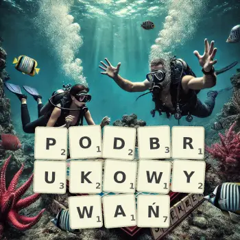 Kreatywna ilustracja do gry w Scrabble ze słowem PODBRUKOWYWAŃ ułożonym z płytek na planszy.