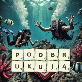 Kreatywna ilustracja do gry w Scrabble ze słowem PODBRUKUJĄ ułożonym z płytek na planszy.
