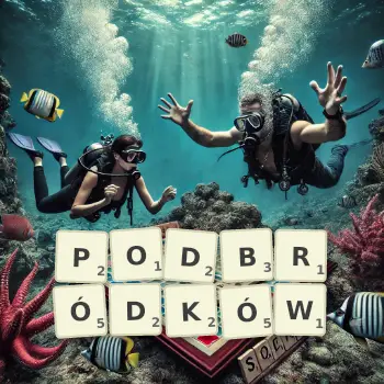 Kreatywna ilustracja do gry w Scrabble ze słowem PODBRÓDKÓW ułożonym z płytek na planszy.