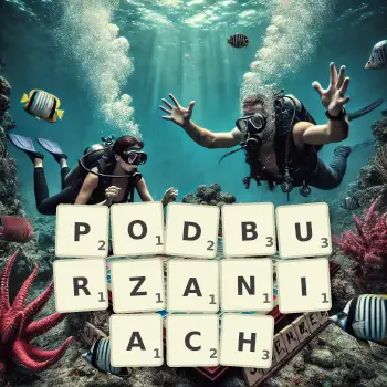 Kreatywna ilustracja do gry w Scrabble ze słowem PODBURZANIACH ułożonym z płytek na planszy.