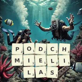 Kreatywna ilustracja do gry w Scrabble ze słowem PODCHMIELILAS ułożonym z płytek na planszy.