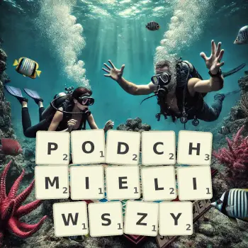 Kreatywna ilustracja do gry w Scrabble ze słowem PODCHMIELIWSZY ułożonym z płytek na planszy.