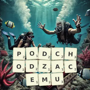 Kreatywna ilustracja do gry w Scrabble ze słowem PODCHODZACEMU ułożonym z płytek na planszy.