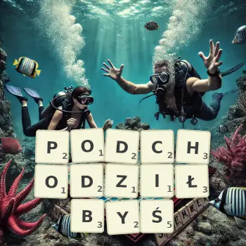 Kreatywna ilustracja do gry w Scrabble ze słowem PODCHODZIŁBYŚ ułożonym z płytek na planszy.