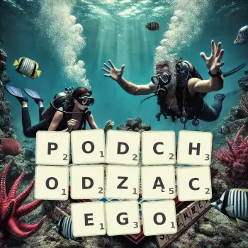 Kreatywna ilustracja do gry w Scrabble ze słowem PODCHODZĄCEGO ułożonym z płytek na planszy.