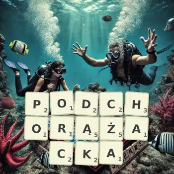 Kreatywna ilustracja do gry w Scrabble ze słowem PODCHORĄŻACKA ułożonym z płytek na planszy.