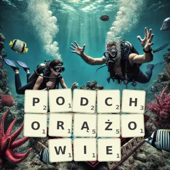 Kreatywna ilustracja do gry w Scrabble ze słowem PODCHORĄŻOWIE ułożonym z płytek na planszy.