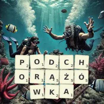 Kreatywna ilustracja do gry w Scrabble ze słowem PODCHORĄŻÓWKA ułożonym z płytek na planszy.
