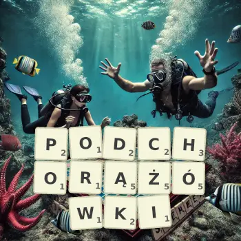 Kreatywna ilustracja do gry w Scrabble ze słowem PODCHORĄŻÓWKI ułożonym z płytek na planszy.