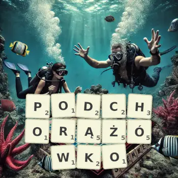 Kreatywna ilustracja do gry w Scrabble ze słowem PODCHORĄŻÓWKO ułożonym z płytek na planszy.