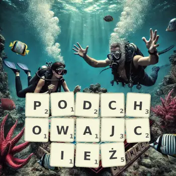 Kreatywna ilustracja do gry w Scrabble ze słowem PODCHOWAJCIEŻ ułożonym z płytek na planszy.