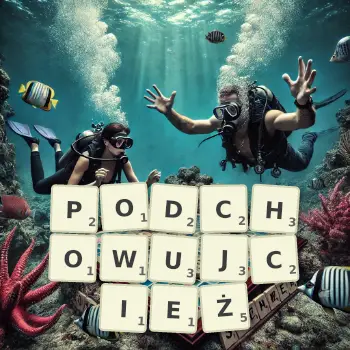 Kreatywna ilustracja do gry w Scrabble ze słowem PODCHOWUJCIEŻ ułożonym z płytek na planszy.