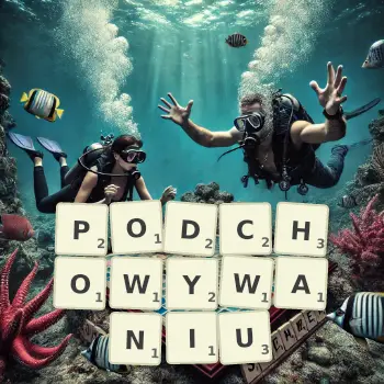 Kreatywna ilustracja do gry w Scrabble ze słowem PODCHOWYWANIU ułożonym z płytek na planszy.