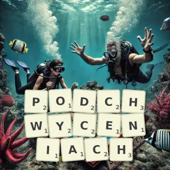 Kreatywna ilustracja do gry w Scrabble ze słowem PODCHWYCENIACH ułożonym z płytek na planszy.