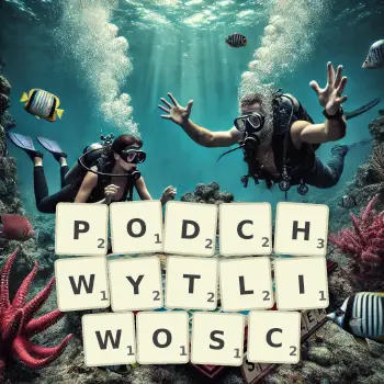 Kreatywna ilustracja do gry w Scrabble ze słowem PODCHWYTLIWOSC ułożonym z płytek na planszy.