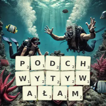 Kreatywna ilustracja do gry w Scrabble ze słowem PODCHWYTYWAŁAM ułożonym z płytek na planszy.