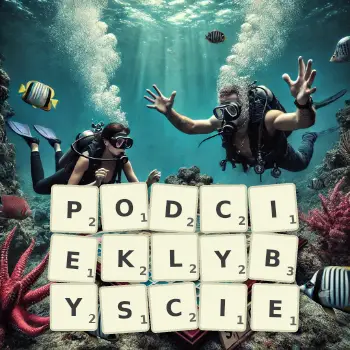 Kreatywna ilustracja do gry w Scrabble ze słowem PODCIEKLYBYSCIE ułożonym z płytek na planszy.