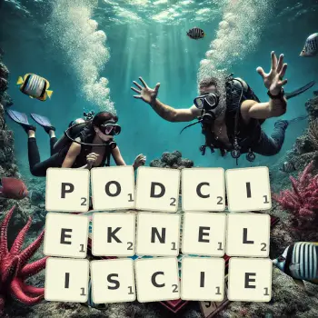 Kreatywna ilustracja do gry w Scrabble ze słowem PODCIEKNELISCIE ułożonym z płytek na planszy.